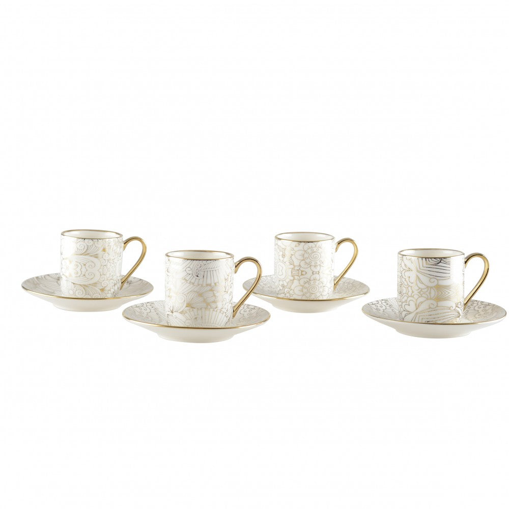 Tasses à Café avec Soucoupes Blanches Design Abstrait (Lot de 4)